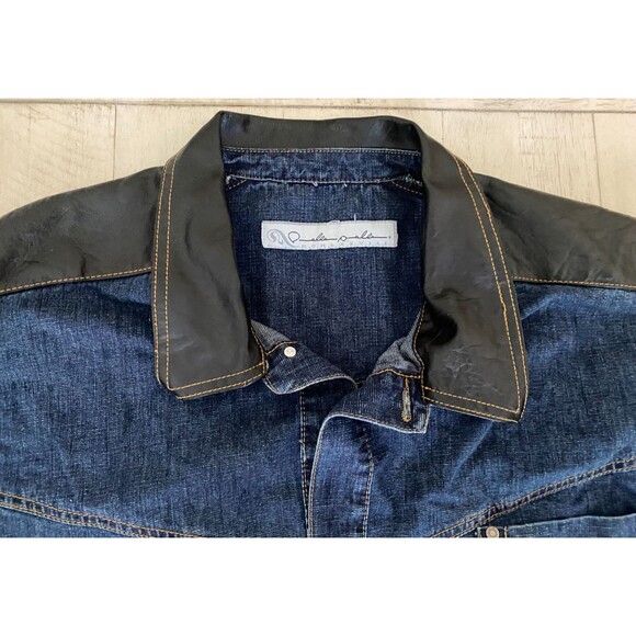 Vtg PELLE PELLE Denim Shirt Jacket Men's 4XL Dark Wash Fade Button Leather Trim - Picture 3 of 13